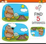 Cartoon Illustration of Finding Differences Educational Task for Preschool Children with Mole Animal Character