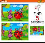 Cartoon Illustration of Finding Differences Educational Task for Preschool Children with Ant and Ladybug Insect Characters