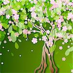 Vector illustration with stylized spring tree with pink flowers