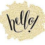 Hand Lettering "Hello!" Brush Pen lettering isolated on background. Handwritten vector Illustration. Background with a gold mosaic.
