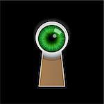 Cartoon green eye peeping through the keyhole. Vector illustration on black background
