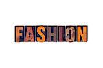 The word "Fashion" written in isolated vintage wooden letterpress type on a white background.