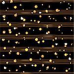 Seamless pattern of random gold balls and hearts on trendy black background with brown stripes. Elegant pattern for background, textile, paper packaging and other design. Vector illustration.