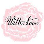 Hand Lettering "With love" Brush Pen lettering isolated on white  background. Handwritten vector Illustration. Background includes drawing of rose.