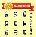 quality trains icon set with red tape