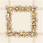 Vintage frame with golden hearts . Golden square decor on white background with brown stripes, vector illustration