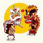 An Illustration Of Chinese Lion Dancing Fighting  Useful As Icon, Illustration And Background For Chinese New Year Theme.