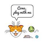 Playful happy cat with speech bubble and saying. Vector color line illustration card on white background. You can put your own text in the bubble. Cat adoption concept.