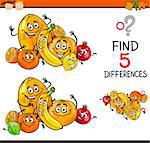Cartoon Illustration of Finding Differences Educational Task for Preschool Children with Citrus Fruit Characters