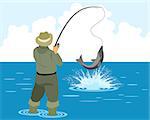 Vector illustration of a fisherman catches pike