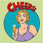 Cheers toast celebration woman pop art retro style. Greeting the birthday celebrant. Drinks and alcohol. Celebration party