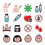 Sick child, vaccinate, medical vector icons set isolated on white