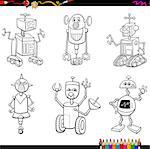 Coloring Book Cartoon Illustration of Fantasy Robot Characters Set