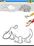 Cartoon Illustration of Drawing and Coloring Educational Task for Preschool Children with Rhinoceros Animal Character