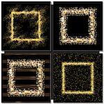 Set of Golden square frames on black background. Gold sparkles on black background. Gold glitter vector.