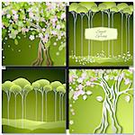 Set of Spring green backgrounds with trees, leaves and flowers. Vector illustration.