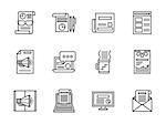 News publication, articles for arvertising, email. Marketing services. Set of black simple line vector icons. Web design elements for business, website and mobile.