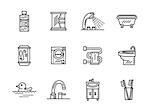 Accessories and furniture for bathroom. Comfortable home interior. Restroom, washing room, WC. Set of black simple line vector icons. Web design elements for business, website and mobile.