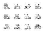 Sale of different mode of vehicles. Car and bus, van and trailer, yacht and motorbike. Signs with label. Set of black simple line vector icons. Web design elements for business, website and mobile.