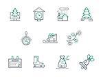 Set of simple gray and green color vector icons for winter and Christmas holidays. Winter rest, outside leisure, tradition. Elements of web design for business, website and mobile.