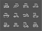 Vector collection of white thin line style icons for car business on black background. Sale and rent vehicles. Cars with price tags. Elements of web design for business, website and mobile.
