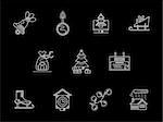 New Year celebration. Christmas accessories and symbols. Collection of white line style vector icon on black background. Web design elements for business, website and mobile.