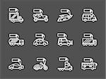 Car business. Rent and sale of different mode of vehicles. Auto, yacht and motorbike with tag white line vector icons set on black background. Elements of web design for business, website and mobile.