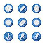 Set of blue round vector icons with white silhouette pathogenic organisms. Virology and bacteriology science symbols. Elements of web design for business, website and mobile.