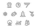 Christmas holidays and wintertime symbols. Festive accessories, mittens, snowman, Xmas tree. Set of black simple line style vector icons. Web design elements for business, website and mobile.