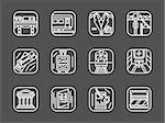 Railroad, railway station, passenger services. Transportation industry. Set of stylish white line vector icons on black background. Elements of web design for business, website and mobile.