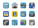 Set of stylish flat color vector icons for railway. Transportation industry. Passenger services. Elements of web design for business, website and mobile.
