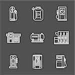 Gasoline or petrol station, pumps with fuel nozzle. Set of simple white line style vector icons on black background. Elements of web design for business, website and mobile.