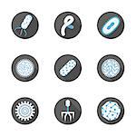 Clinical laboratory, virology and microbiology assay. Viruses and bacteria flat color round icons vector collection.  Elements of web design for business, website and mobile.