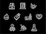 Wintertime symbols. New Year and Christmas holidays, decoration, accessories. Simple white line vector icons set on black background. Elements of web design for business, website and mobile.