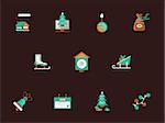 Wintertime fun and leisure. Christmas holidays. Traditional events. Collection of flat color vector icon on brown background. Web design elements for business, website and mobile.