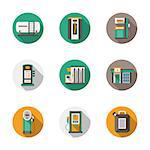 Set of round flat color vector icons for filling station, car services. Alternative refill. Long shadows. Elements of web design for business, website and mobile.