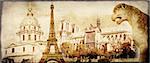 Grunge background with paper texture and landmarks of Paris - Eiffel tower, Les Invalides, Notre Dam de Paris