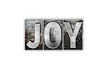 The word "Joy" written in vintage metal letterpress type isolated on a white background.