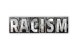 The word "Racism" written in vintage metal letterpress type isolated on a white background.
