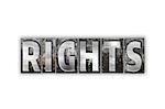 The word "Rights" written in vintage metal letterpress type isolated on a white background.