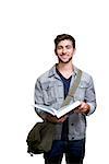 Student smiling at camera in library against white background with vignette