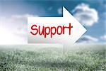 The word support and arrow against sunny landscape