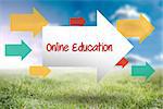 The word online education and arrow against sunny landscape