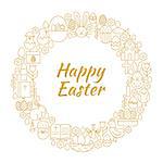 Happy Easter Gold Line Art Icons Circle. Vector Illustration of Decoration and Celebration Objects. Spring Religious Items.