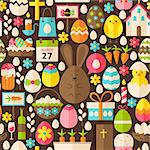 Happy Easter Holiday Brown Seamless Pattern. Flat Design Vector Illustration. Tile Background. Set of Spring Christian Religion Items.