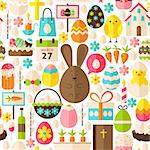 Happy Easter Holiday White Seamless Pattern. Flat Design Vector Illustration. Tile Background. Set of Spring Christian Religion Items.