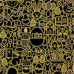 Thin Line Gold Black Happy Easter Seamless Pattern. Vector Website Design and Seamless Background in Trendy Modern Line Style. Spring Religion Holiday.