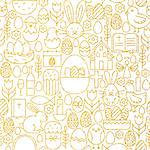 Thin Line Gold Happy Easter Seamless Pattern. Vector Website Design and Seamless Background in Trendy Modern Line Style. Spring Religion Holiday.