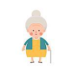 Vector Illustration of Old Woman in Yellow Dress with Walking Stick