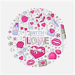 With love sticker clip art setin the form of a circle.With shadow on a white background.Hand Drawn.Scrapbook.Sticker.With letter,perfume,text,lipstick,hearts,womens shoes,champagne,glasses,email,love